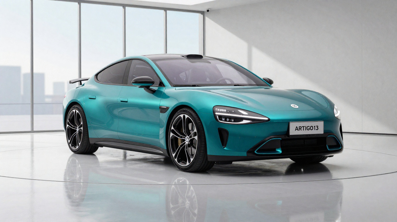 Carro esportivo elétrico verde-azulado Artigo 13 em ambiente interno moderno com janelas grandes.
