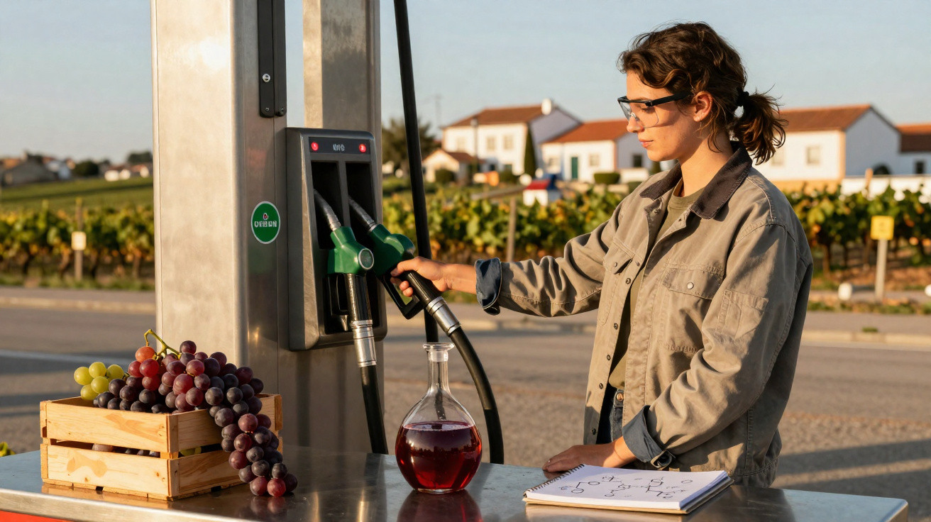 Mulher segurando bomba de combustível, enchendo recipiente com líquido vermelho em posto ao ar livre com caixa de uvas.