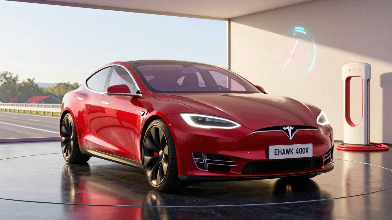 Carro elétrico Tesla vermelho estacionado em área com estação de recarga carregando bateria.