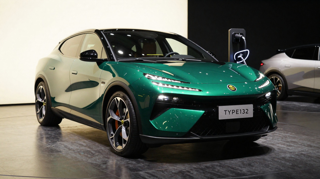 Carro elétrico verde Lotus TYPE132 em exibição, com design moderno e carregador conectado ao fundo.