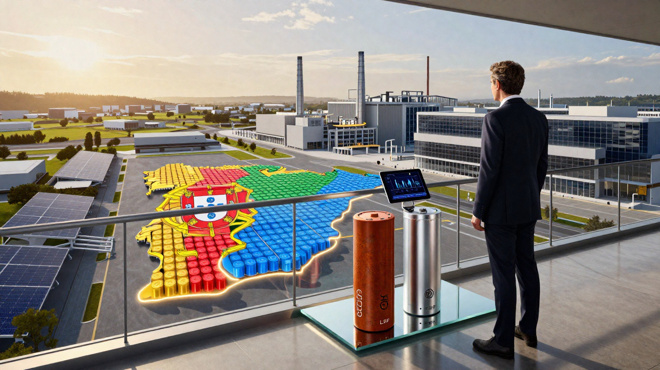 Homem de terno observa mapa energético de Portugal com painéis solares e indústria ao fundo em varanda.