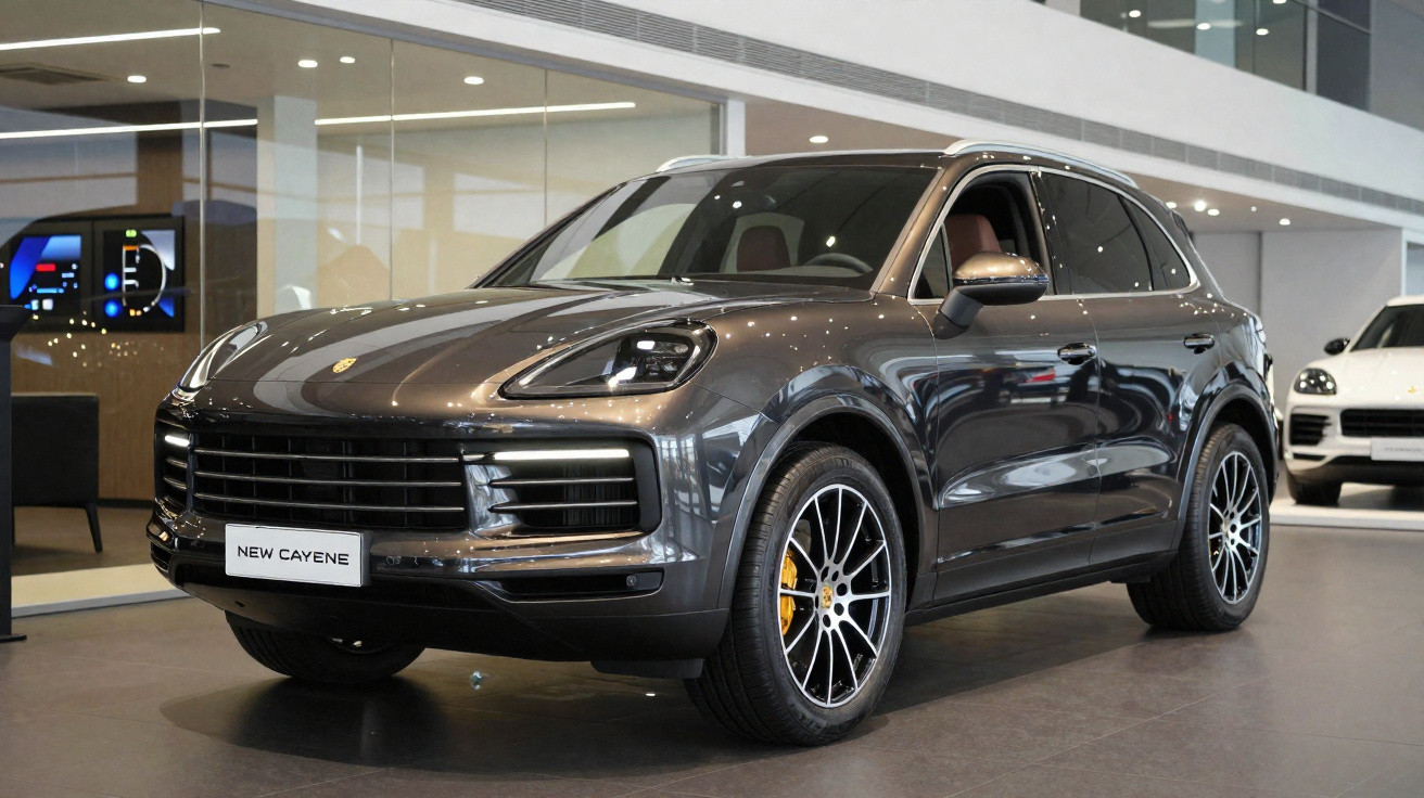 SUV Porsche Cayenne cinza exposto em showroom moderno e iluminado.