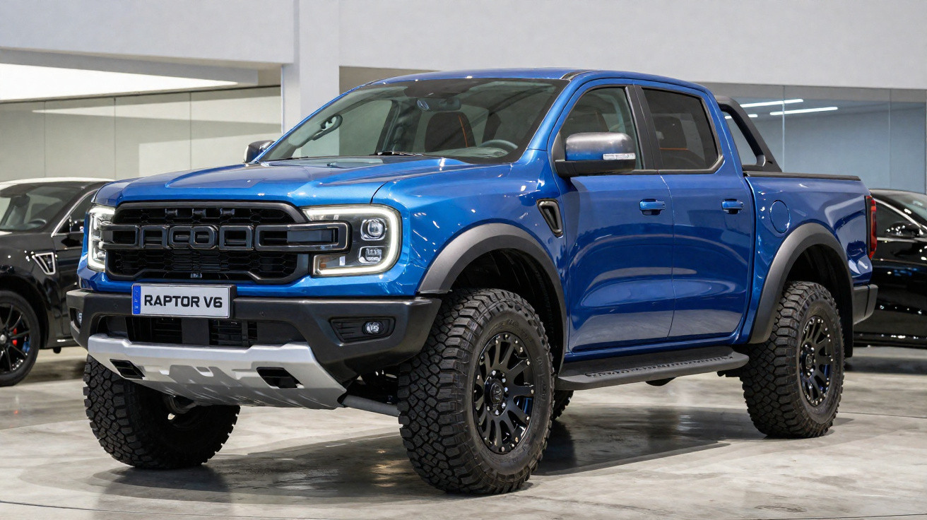 Picape Ford Ranger Raptor V6 azul estacionada em showroom com três portas e pneus off-road.