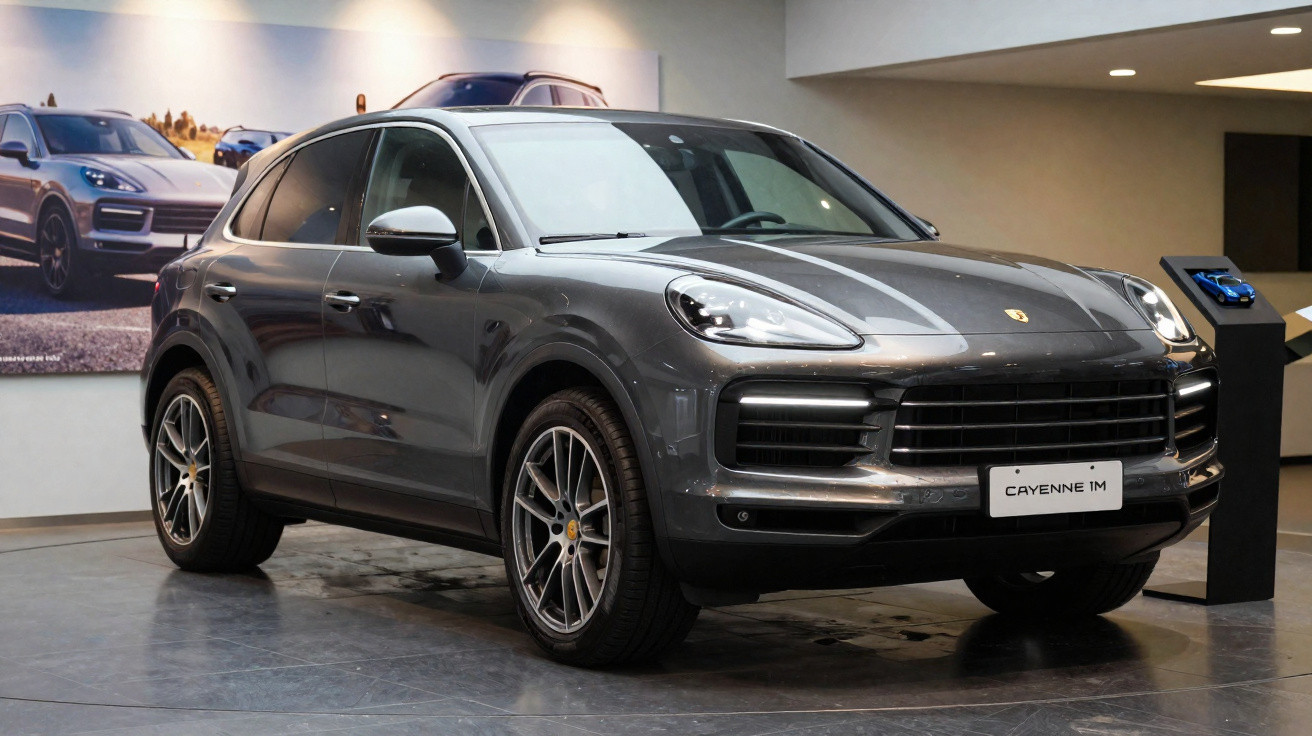 SUV Porsche Cayenne cinza exposto em showroom com placa "Cayenne TM".