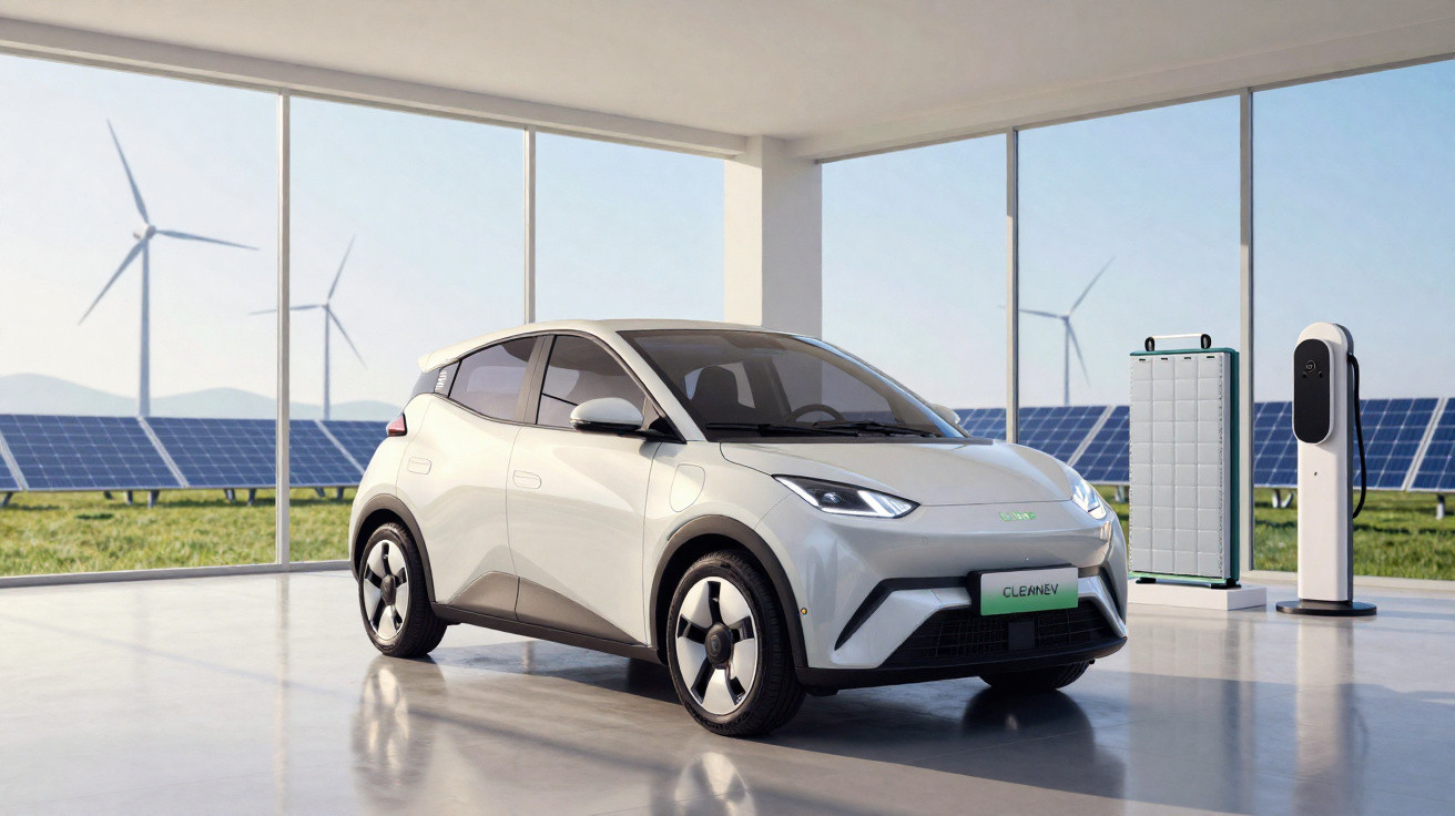 Carro elétrico branco em showroom com painéis solares e turbinas eólicas ao fundo.