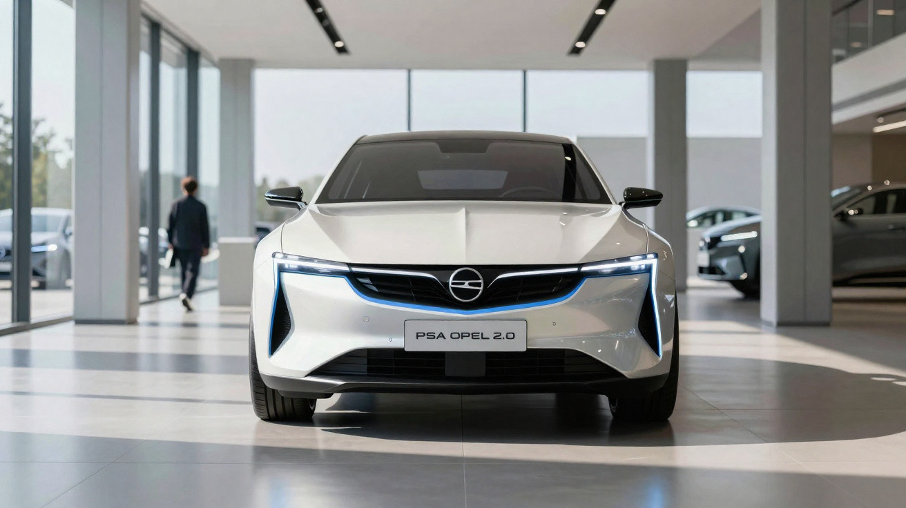 Carro elétrico branco PSA Opel 2.0 exibido em showroom moderno e iluminado.