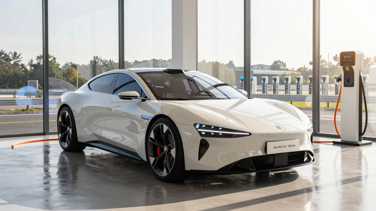 Carro esportivo elétrico branco estacionado dentro de showroom, conectado em estação de carregamento.