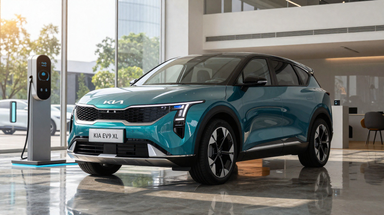 Carro elétrico Kia EV9 XL azul estacionado em showroom moderno com estação de recarga ao lado.