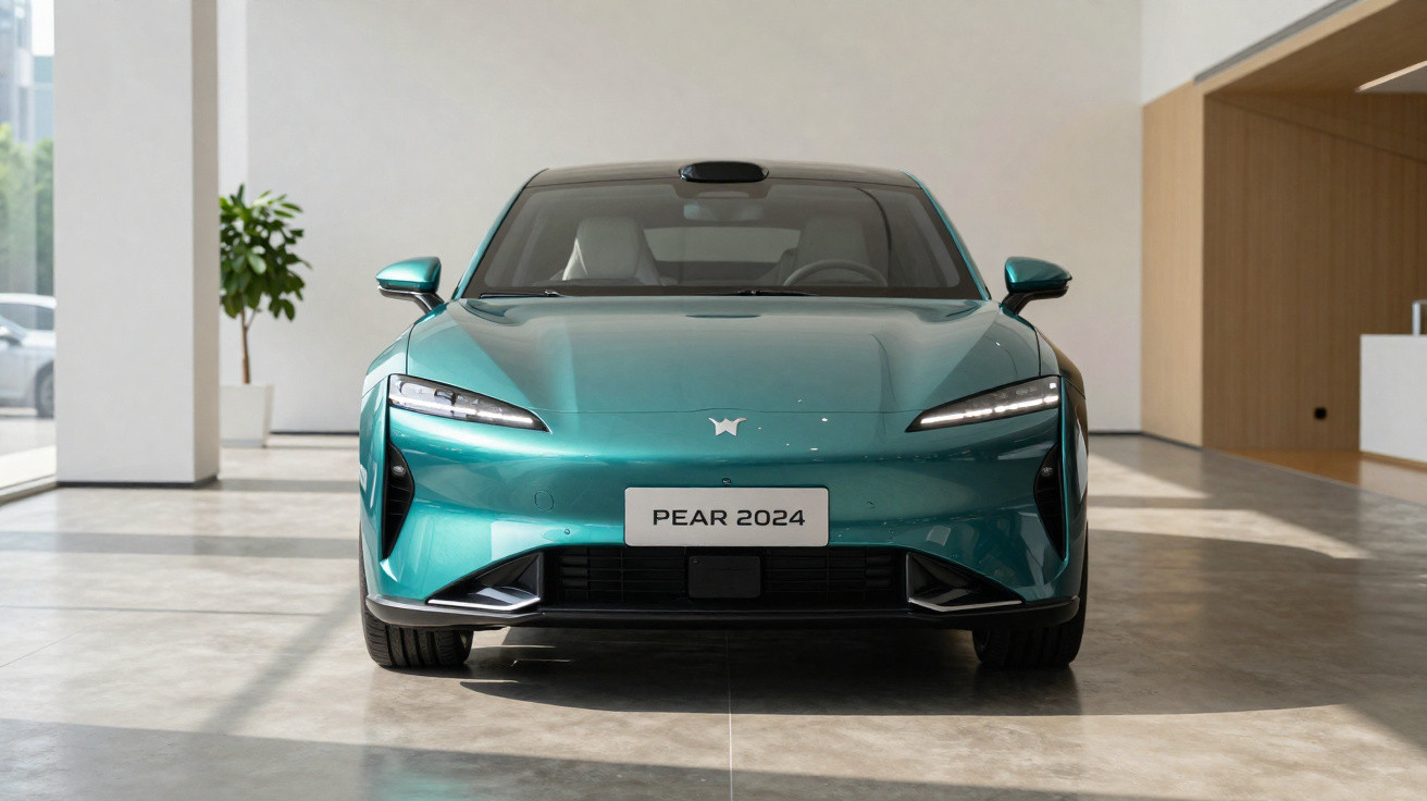 Carro elétrico PEAR 2024 verde azulado visto de frente em ambiente interno minimalista.