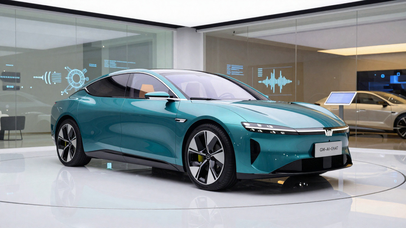 Carro elétrico esportivo azul turquesa em exposição dentro de showroom moderno e luminoso.