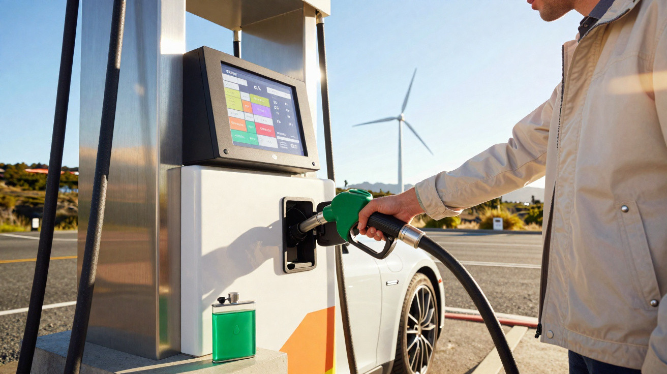 Pessoa abastecendo carro branco em posto de combustível com turbina eólica ao fundo em dia ensolarado.