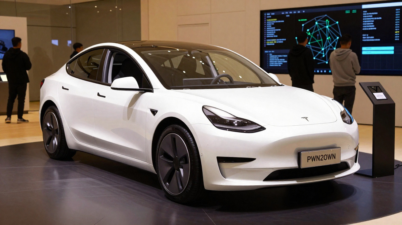 Carro elétrico branco Tesla Model 3 exibido em evento com pessoas e telas ao fundo.