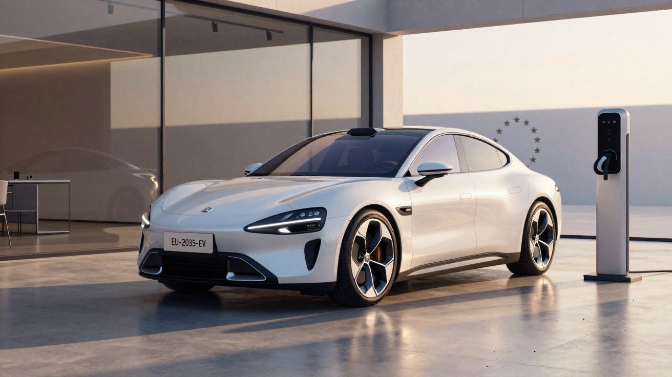 Carro elétrico branco moderno estacionado em vaga com carregador elétrico ao lado em ambiente minimalista.