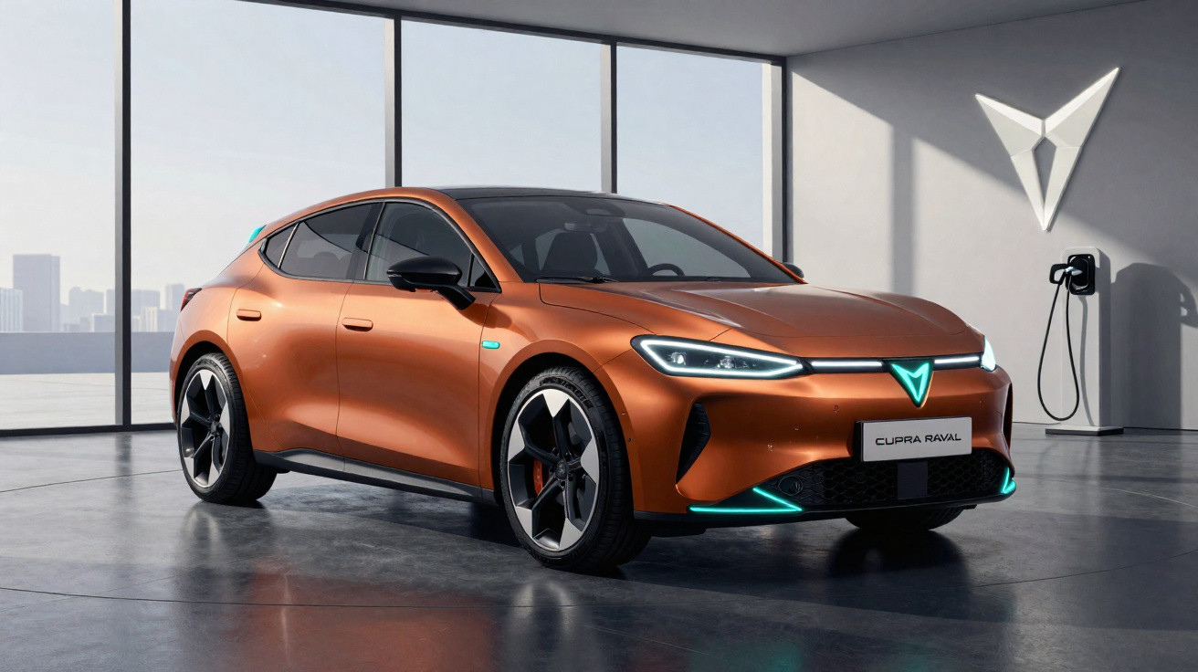 Carro elétrico esportivo laranja estacionado em garagem com parede branca e carregador elétrico.
