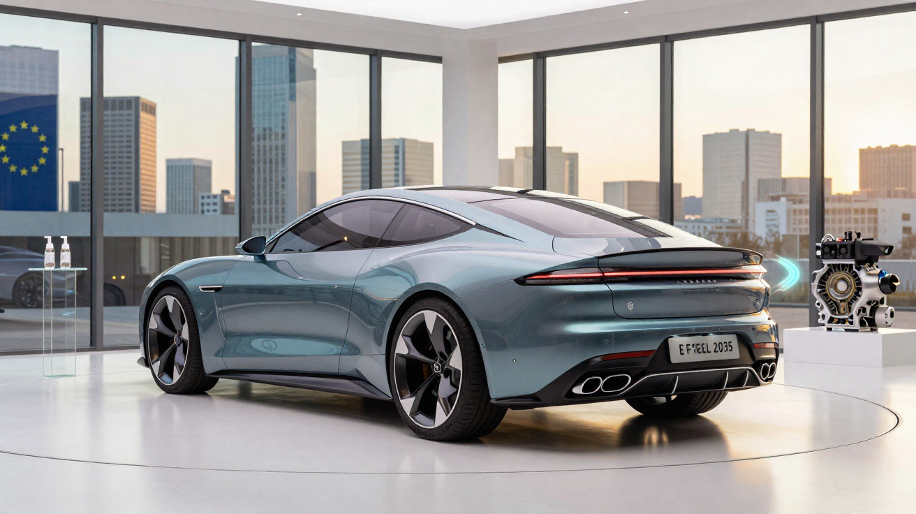 Carro esportivo elétrico cinza em exposição moderna com edifícios ao fundo e motor em pedestal.