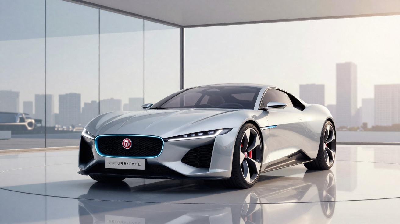 Carro esportivo prateado futurista exibido em ambiente interno com grandes janelas e vista para a cidade ao fundo.