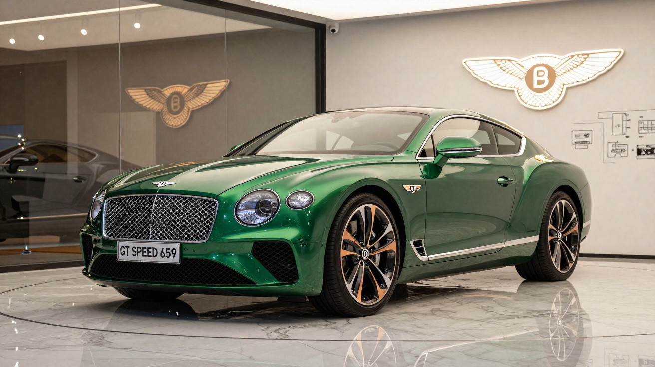 Carro esportivo verde Bentley GT Speed 659 em exposição dentro de showroom moderno com piso de mármore.
