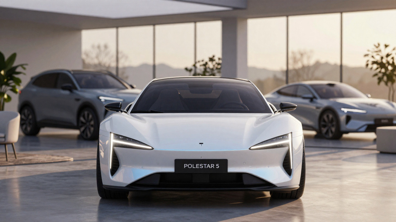 Carro elétrico branco Polestar 5 estacionado em ambiente moderno com dois carros cinzas ao fundo.