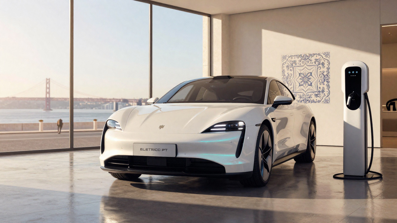 Carro elétrico branco estacionado em garagem moderna com carregador e vista para ponte ao fundo.