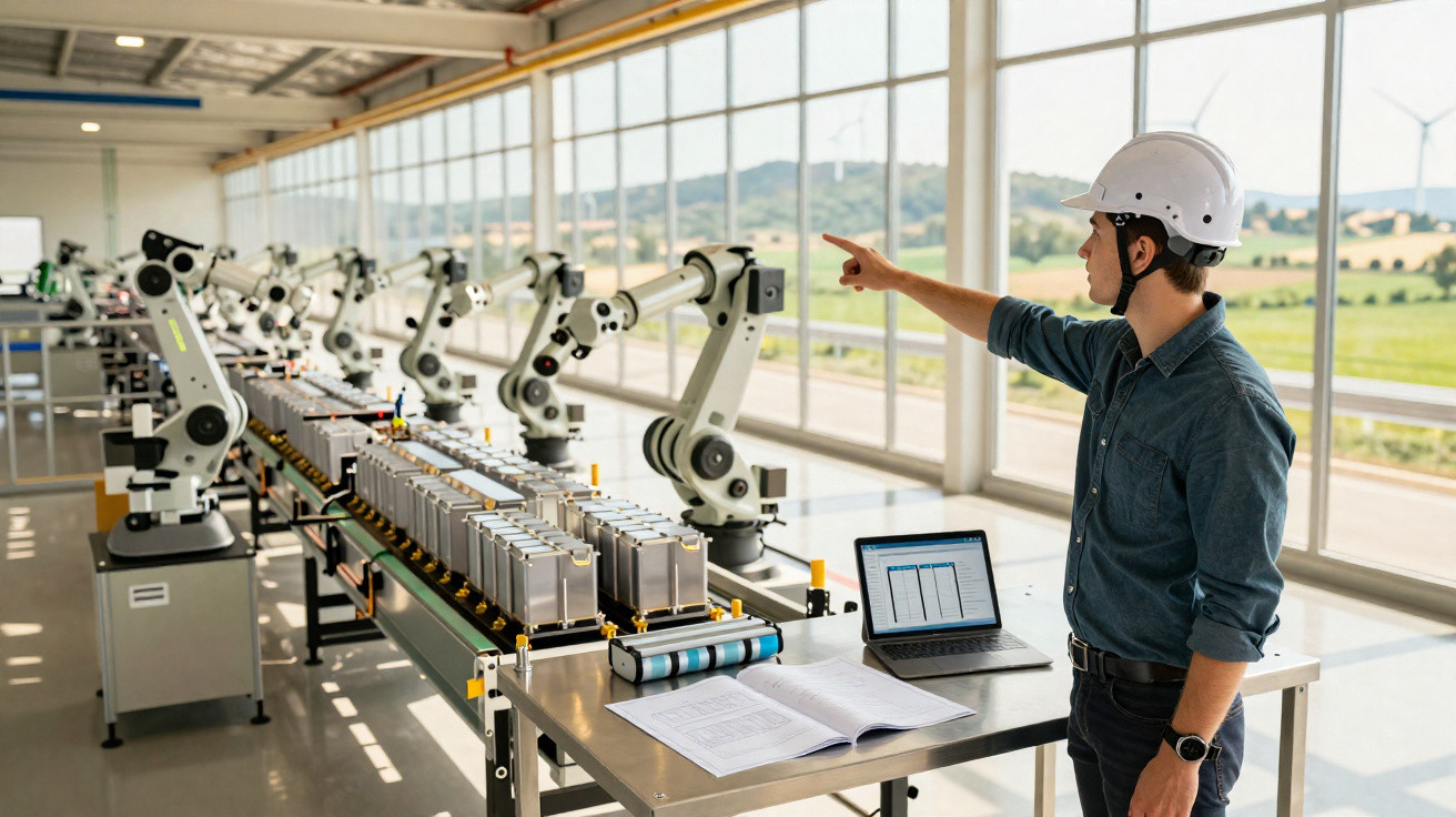 Homem com capacete em fábrica automatizada aponta para braços robóticos que manipulam baterias em linha de montagem.