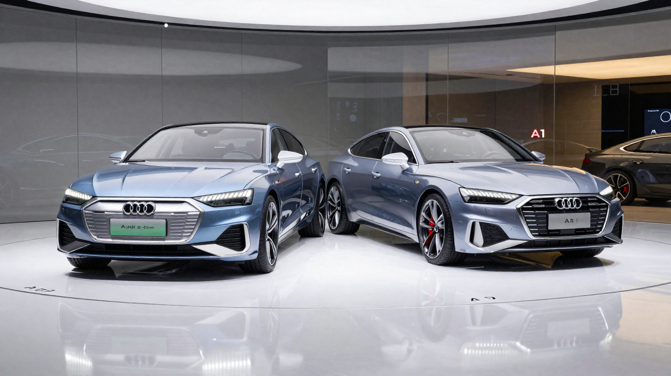 Dois carros Audi cinza em exposição, um elétrico e outro modelo A7, em ambiente moderno e iluminado.