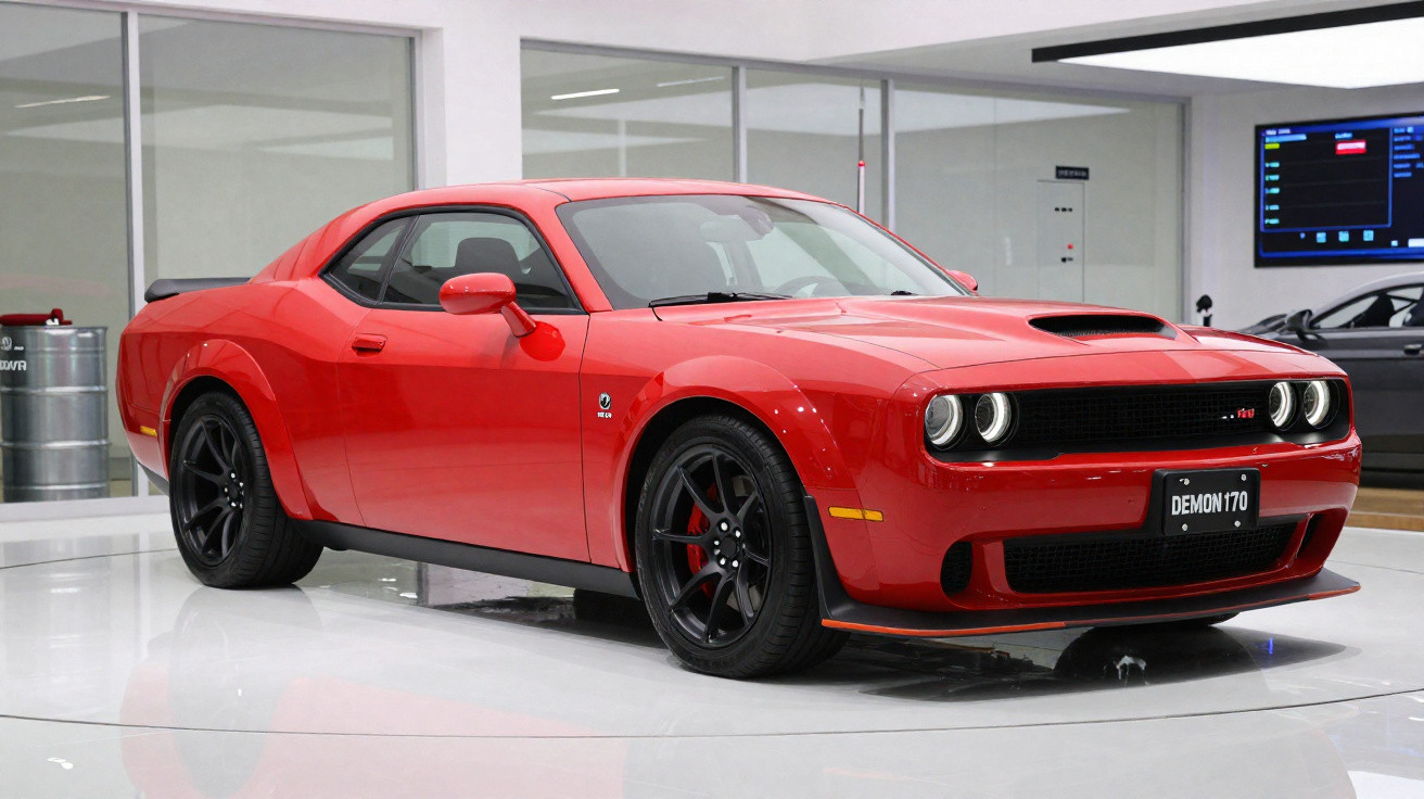 Carro esportivo Dodge Challenger vermelho Demon 170 exposto em showroom moderno e iluminado.