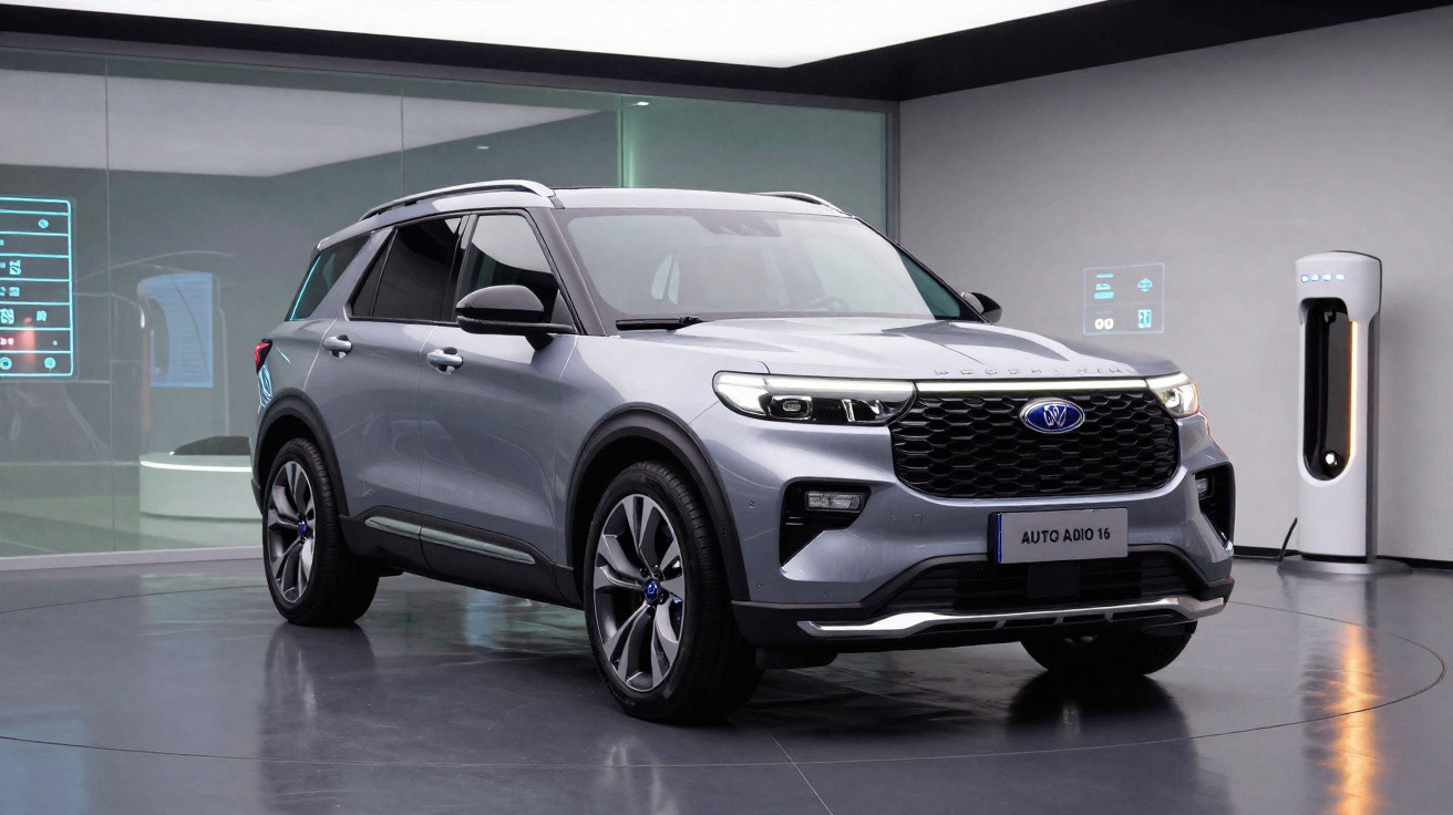 SUV elétrico prata modelo Auto ADIO 16 em ambiente interno moderno com estação de carregamento ao fundo.