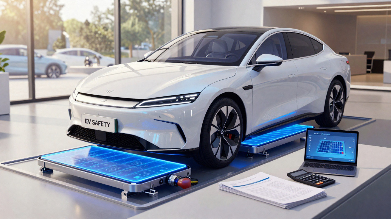 Carro elétrico branco em plataforma com luzes azuis em ambiente interno moderno com laptop e documentos ao lado.