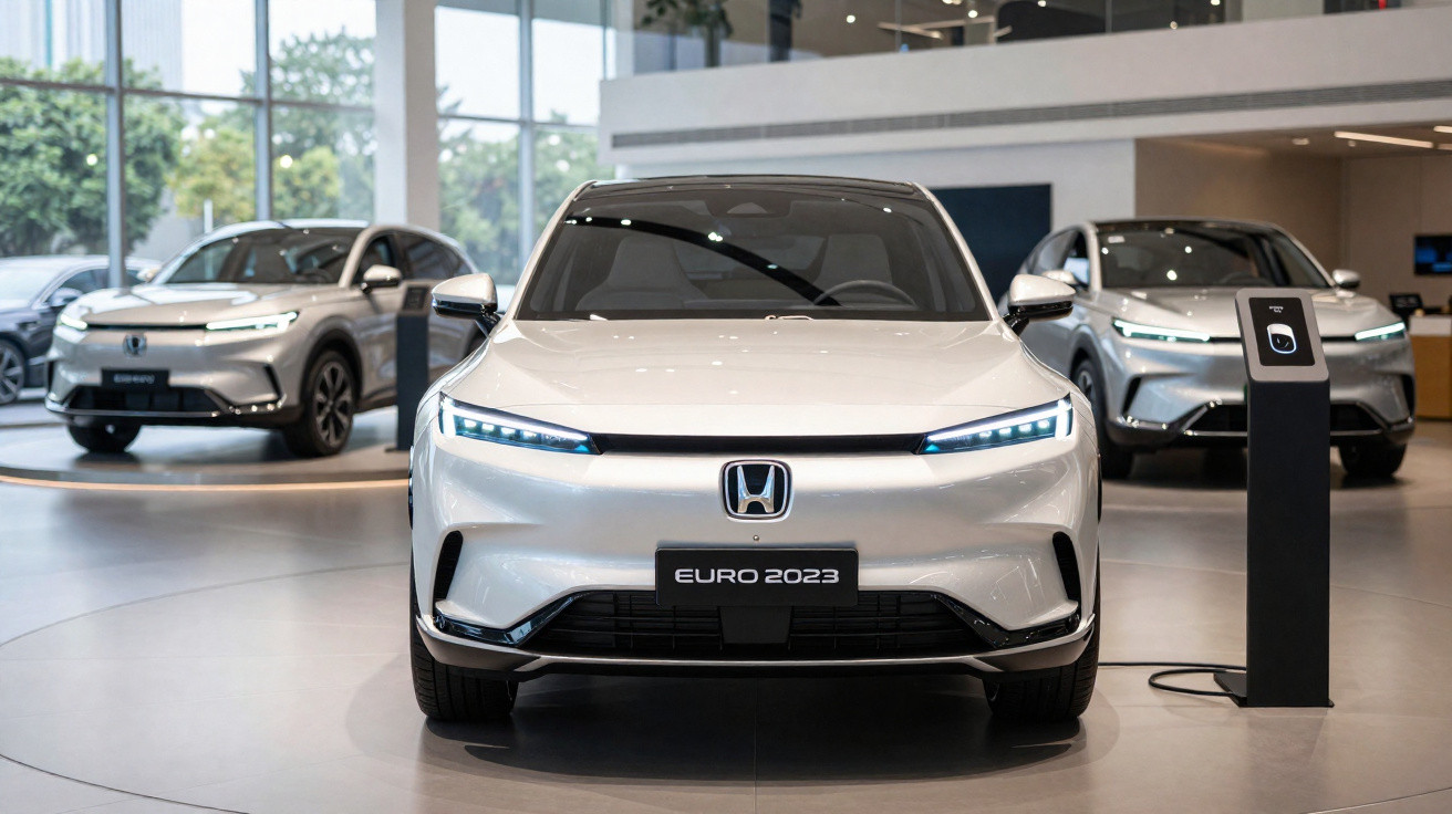 Carro elétrico branco Honda Euro 2023 em exposição, com carregador e outros modelos ao fundo.