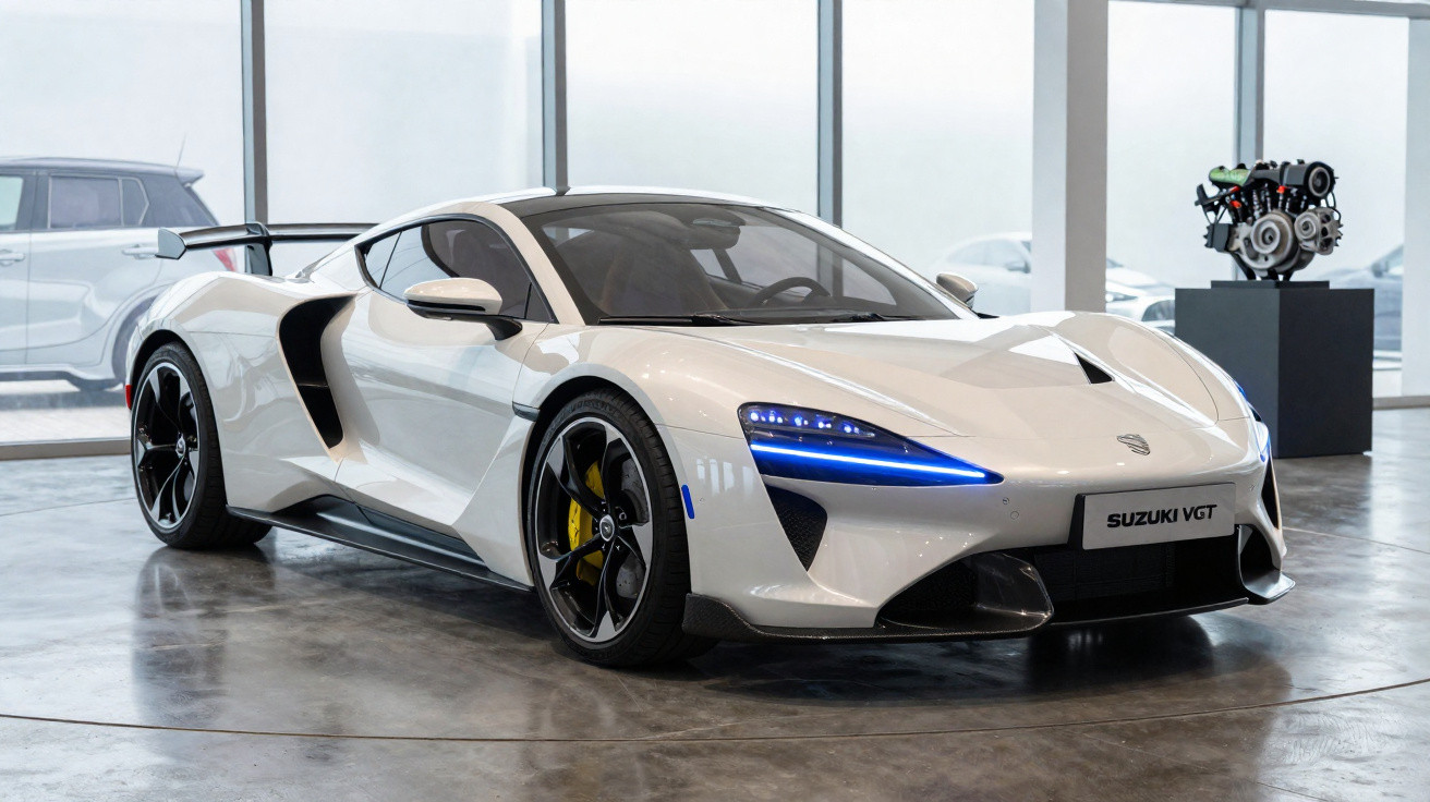 Carro esportivo branco Suzuki VGT estacionado em showroom com luzes dianteiras azuis acesas.