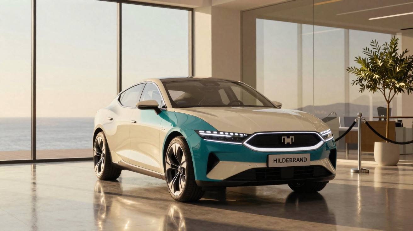 Carro elétrico Hildebrand branco e verde exibido em showroom moderno com grandes janelas e vista para o mar.