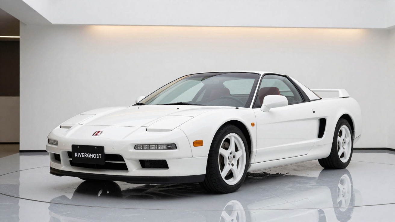 Carro esportivo branco Honda NSX estacionado em ambiente interno com piso refletivo.