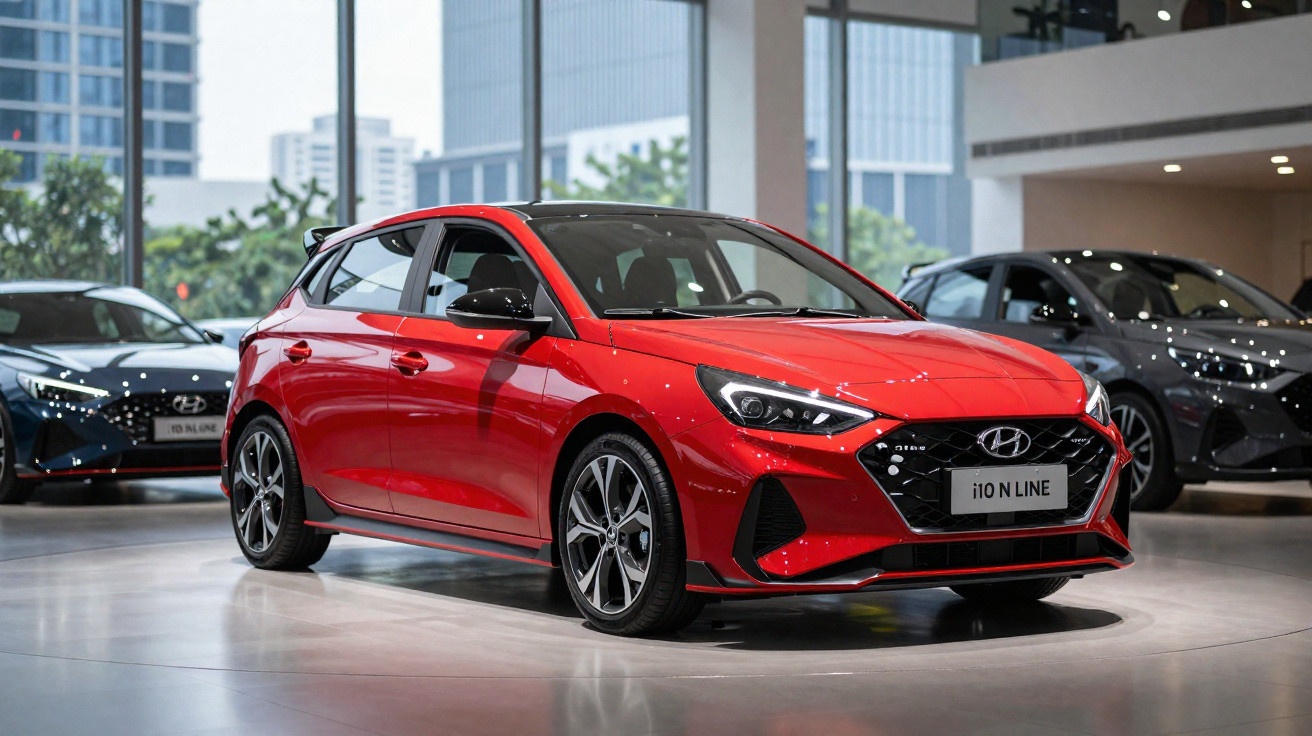 Carro hatchback vermelho Hyundai i10 N Line exposto em showroom moderno com vidro e outros veículos ao fundo.