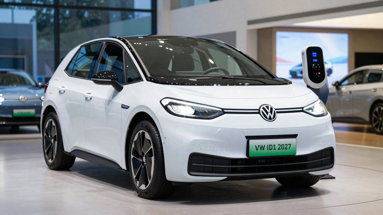 Carro elétrico branco Volkswagen ID.1 2027 estacionado em showroom moderno.