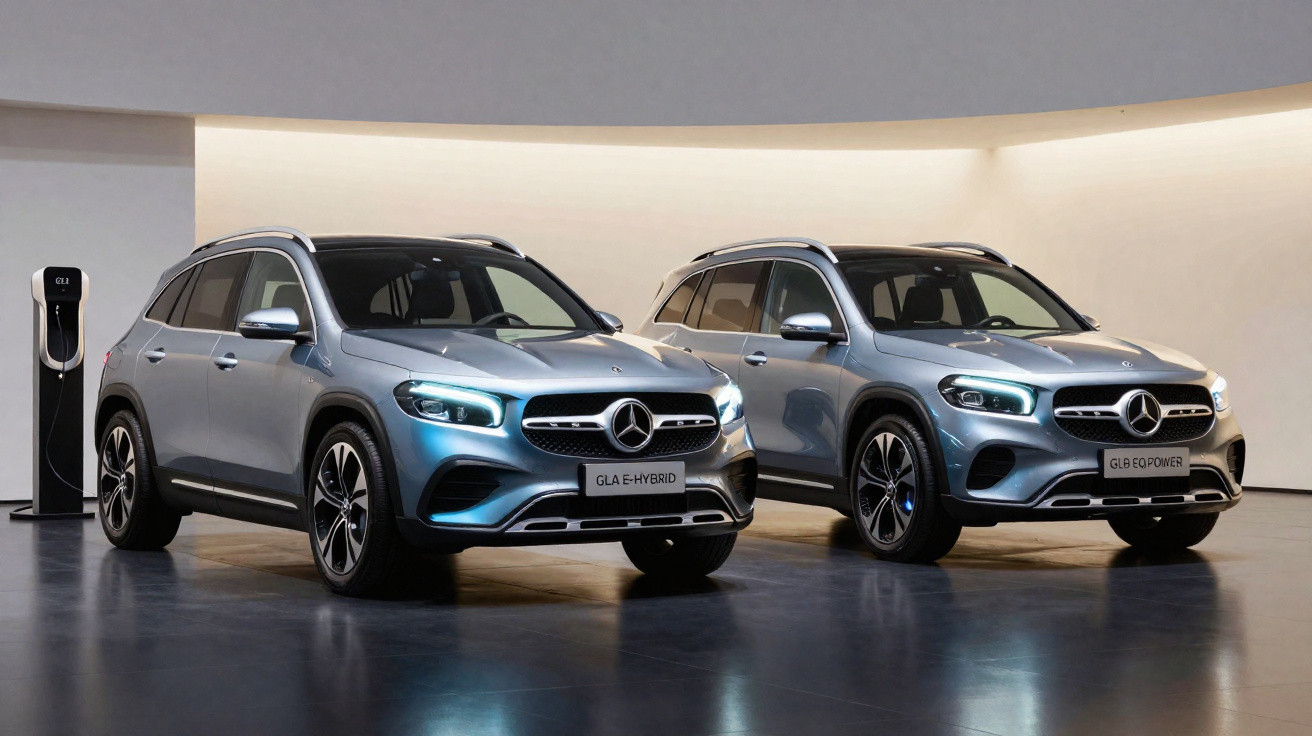 Dois carros Mercedes-Benz elétricos prateados estacionados lado a lado em ambiente interno, um modelo GLA e outro GLB.