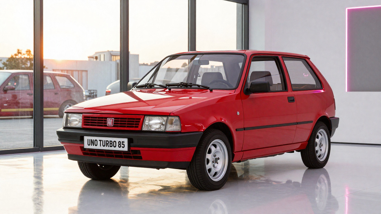 Carro vermelho Fiat Uno Turbo 85 estacionado em ambiente interno moderno com grandes janelas.