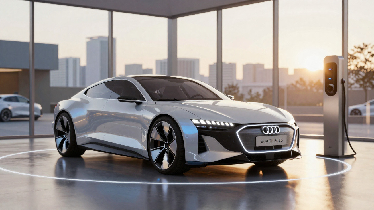 Carro elétrico Audi prata estacionado ao lado de carregador em ambiente moderno com janela para a cidade ao pôr do sol.