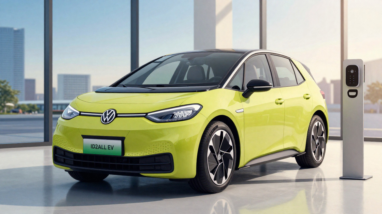 Carro elétrico Volkswagen ID.2 All EV amarelo estacionado ao lado de ponto de recarga em showroom.