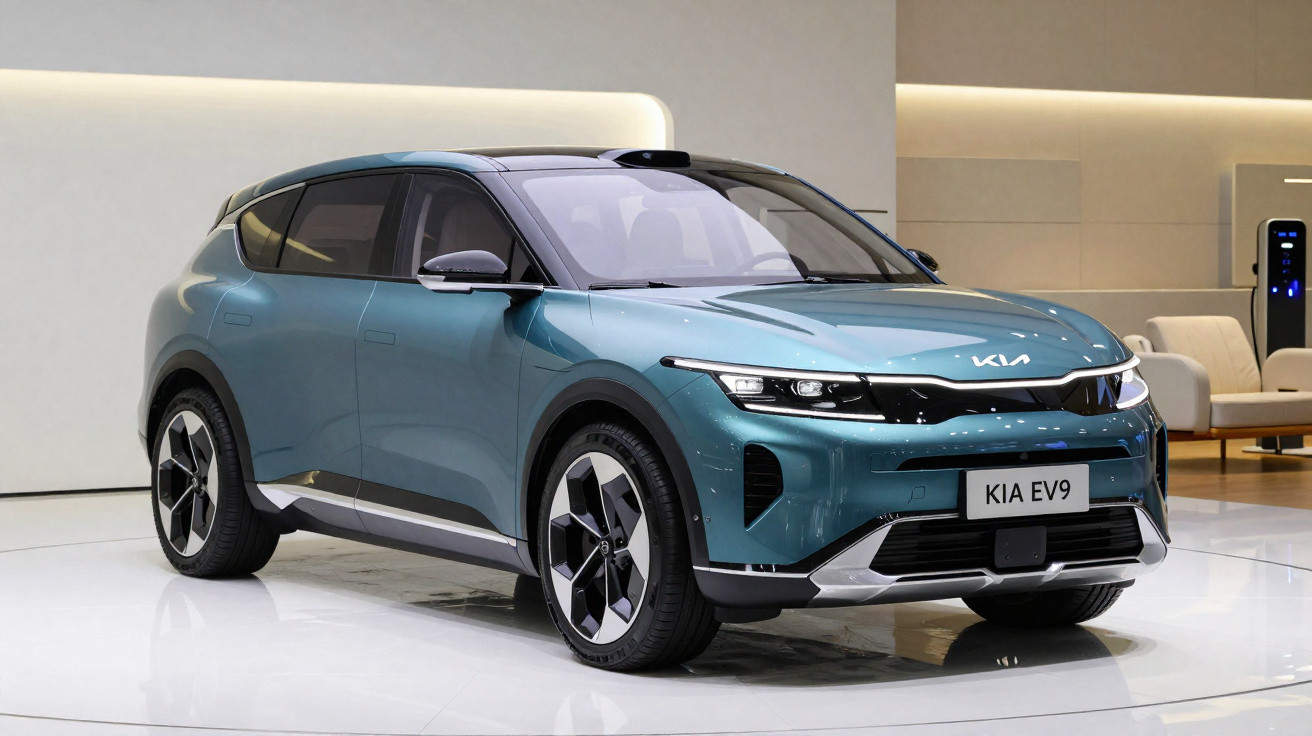Carro elétrico Kia EV9 azul em exposição dentro de showroom moderno.