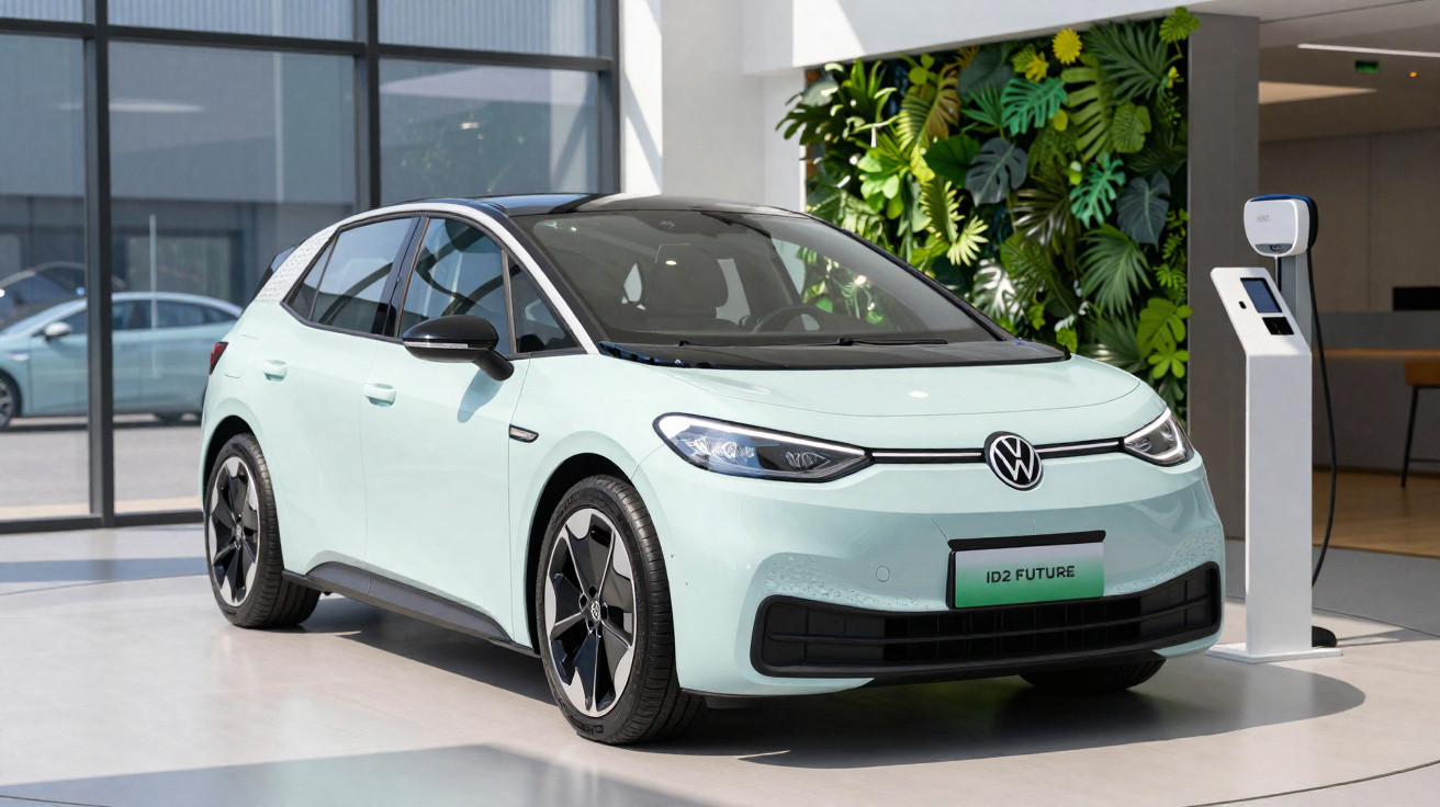 Carro elétrico Volkswagen ID.2 Future prata carregando em estação de recarga interna.