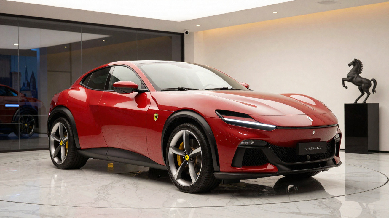 Carro esportivo Ferrari vermelho exposto em ambiente interno com escultura de cavalo ao fundo.