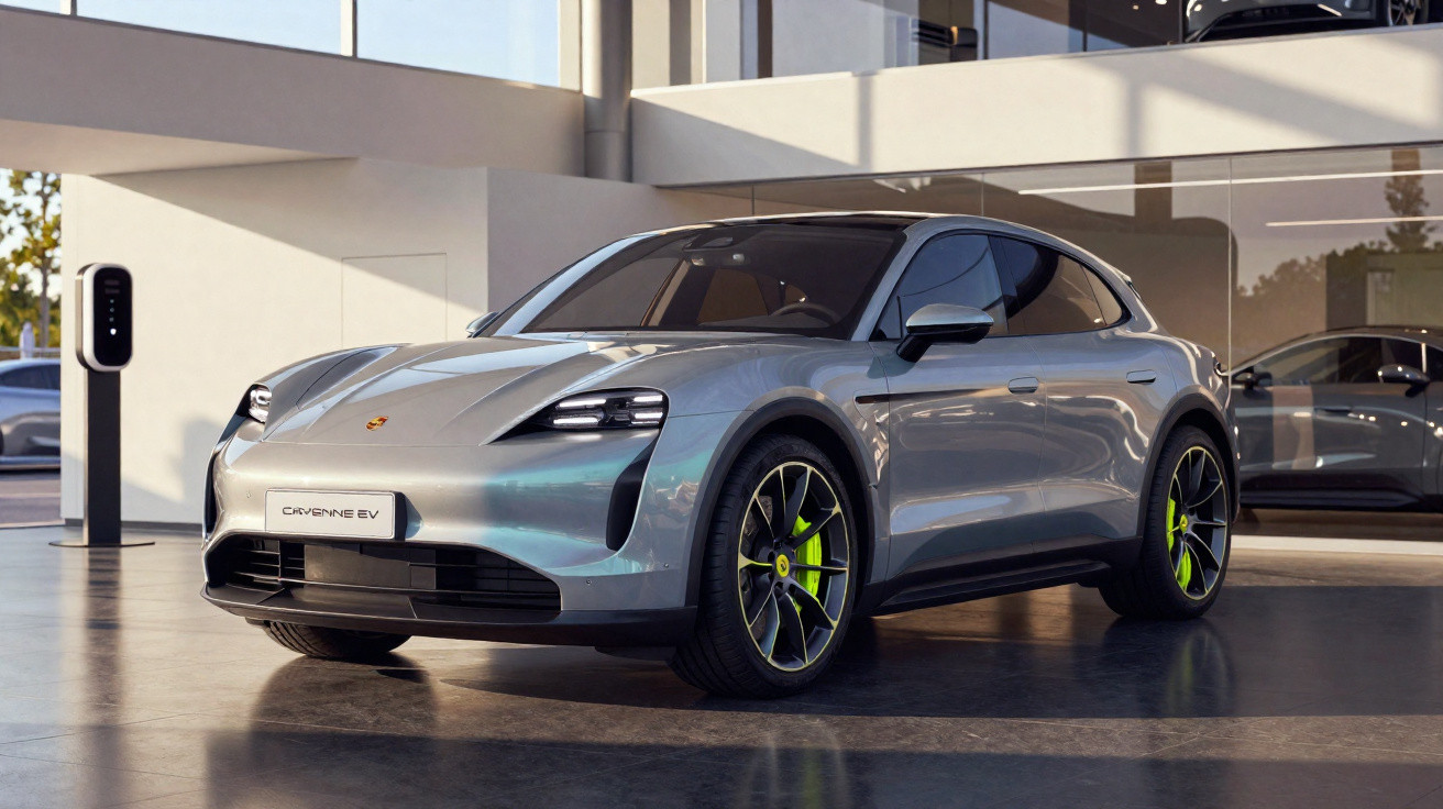 Carro elétrico Porsche Cayenne EV cinza exposto em showroom moderno com estação de recarga.