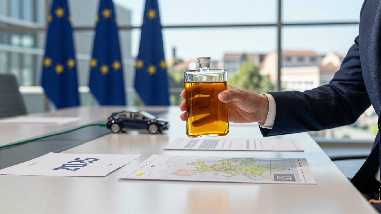 Pessoa segurando frasco com líquido âmbar em mesa com mapas, documento 2050 e miniatura de carro em escritório.