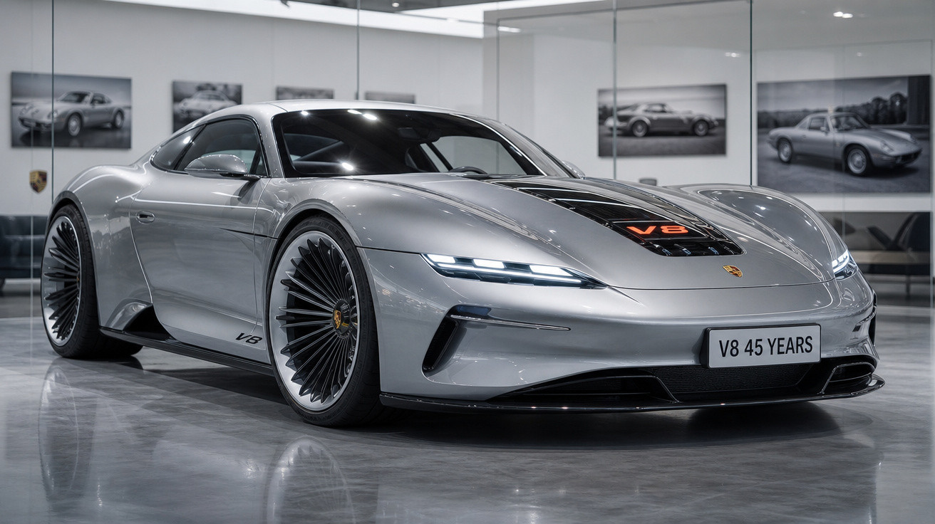 Carro esportivo cinza prata Porsche V8 45 Years estacionado em showroom moderno com piso refletivo.