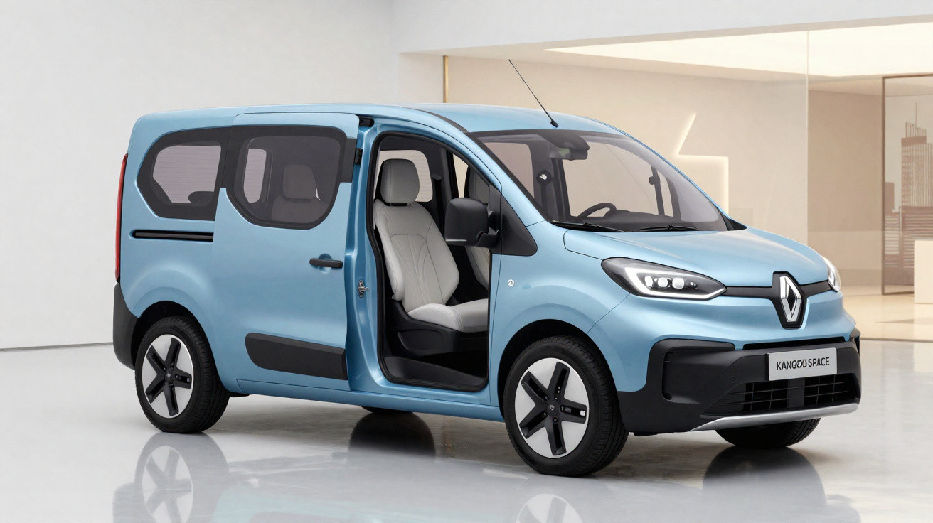 Van Renault Kangoo azul claro com porta lateral aberta em ambiente moderno e iluminado.