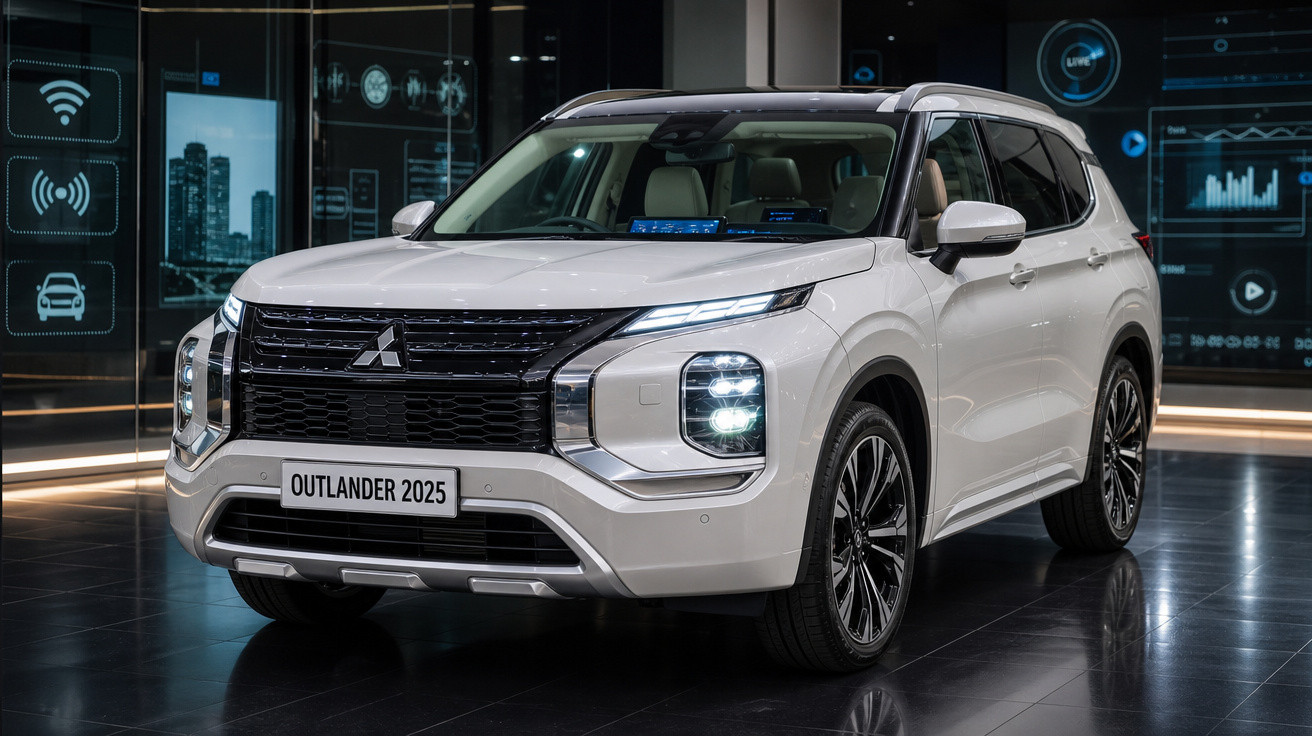 SUV Mitsubishi Outlander 2025 branco em exibição com faróis acesos em ambiente moderno e iluminado.