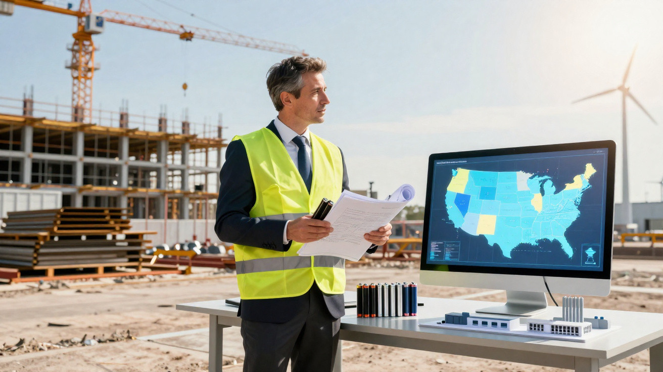 Engenheiro com colete refletivo segurando documentos em canteiro de obras com computador exibindo mapa dos EUA.