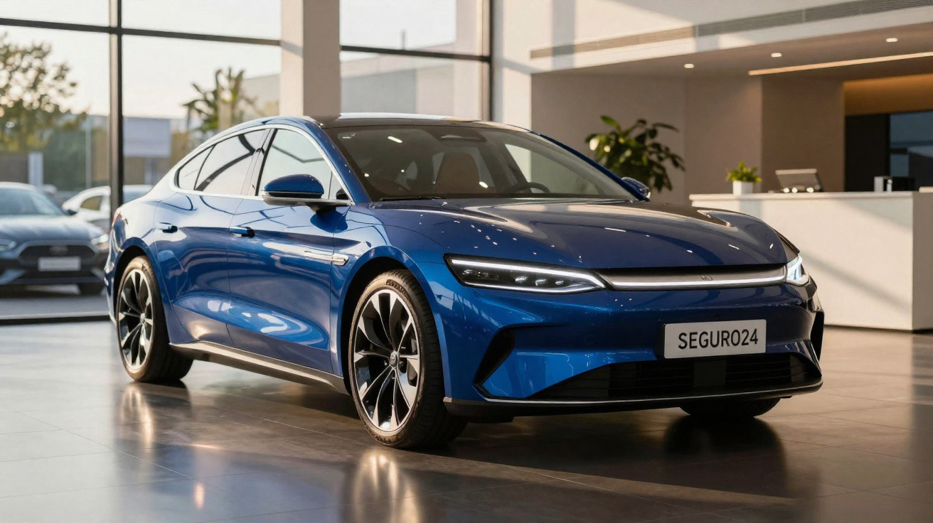 Carro elétrico azul moderno exibido em showroom com iluminação interna.