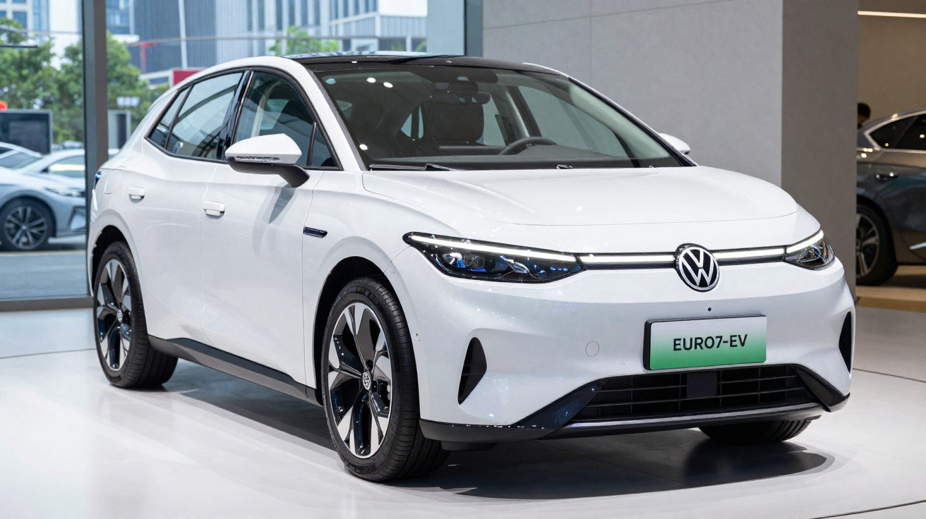 Carro elétrico Volkswagen branco exibido em showroom com placa verde EURO7-EV.