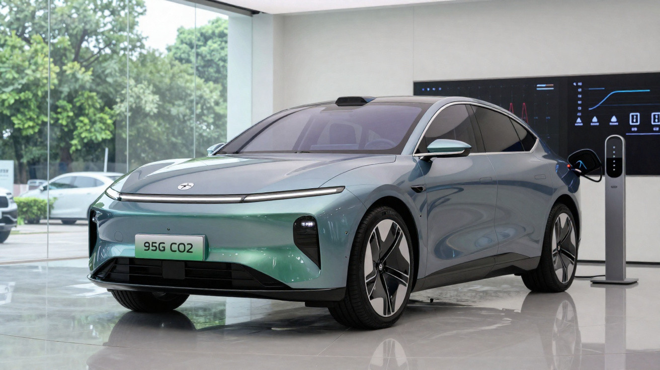 Carro elétrico cinza conectado a estação de recarga em showroom moderno com chão brilhante.